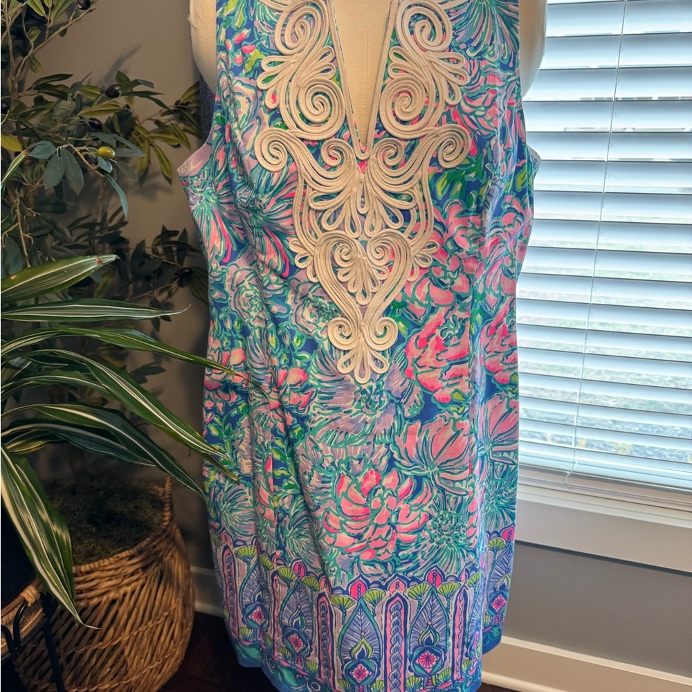 Lilly Pulitzer Pink and Blue Floral Shift Dress In Full Bloom.